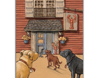 Yellow Lab, Chocolate Lab, Black Lab and Loon visit Lobster Haul in midcoast Maine Damariscotta