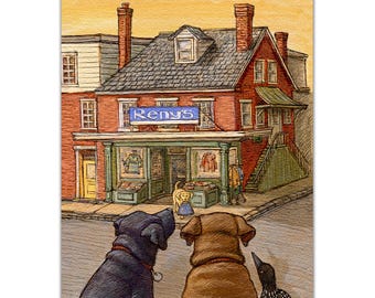 A yellow Labrador Retriever, a Chocolate Labrador Retriever, a Black Labrador Retriever, and Loon shop at Renys Damariscotta Midcoast Maine