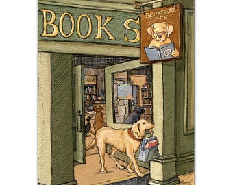 Yellow Labrador Retriever, Chocolate Labrador Retriever and a Black Labrador Retriever join a Loon at Midcoast Maine Damariscotta bookstore