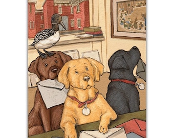 Yellow Labrador Retriever, Chocolate Labrador Retriever, Black Labrador Retriever and Loon at post office in Midcoast Maine Damariscotta