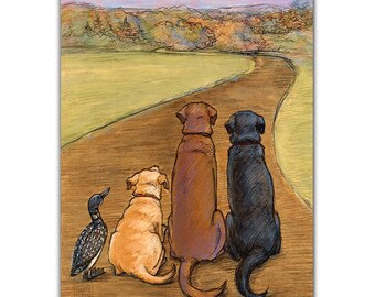 A Yellow Lab, Chocolate Lab, Black Lab and a Loon take a walk along a trail in the charming Midcoast Maine Village of Damariscotta