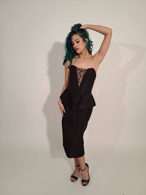 Black Faux Leather Peplum 80s Dress