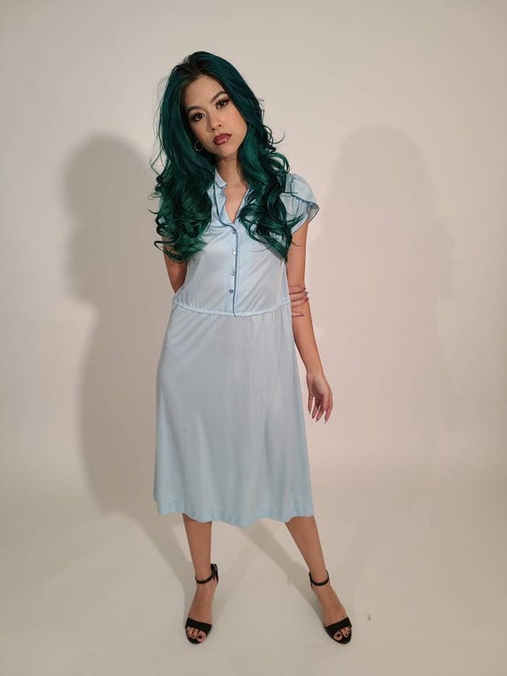 Silky 1970s baby blue casual dress