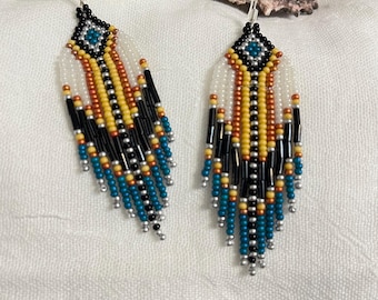 Beadwork earrings, Multi Colours earrings Beaded earrings Ethnic earrings American native Seed beads earrings Fringe earrings Boho earrings