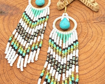 Boho Beaded Fringe Earrings with Turquoise Drop – Handmade Native Style Dangle Jewelry