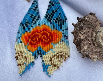 Handmade Beaded Fringe Earrings, Native Inspired Seed Bead Earrings, Turquoise Orange Statement Earrings, Boho Festival Jewelry Gift for Her