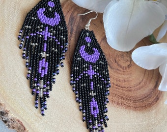 Extra long beaded earrings Fringe Black Earrings Tassel Earrings