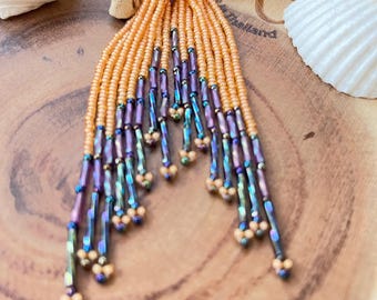 silver long seed bead earrings