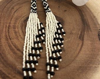 Miyuki delica bead earrings Ivory black  long seed bead earrings seed bead fringe earrings