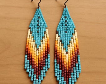 Miyuki Delica Seed Bead Fringe Bohemian Turquase Earing Long Earing Beadwork Boho Earing