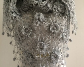 Gray Shawl,Gray Wraps Shawl, Crocheted Lace Shawl, lace knit shawl, knit shawl scarf, Handknit Clothing