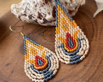 Beadwork earrings, Multi Colours earrings Beaded earrings Ethnic earrings American native Seed beads earrings Fringe earrings Boho earrings
