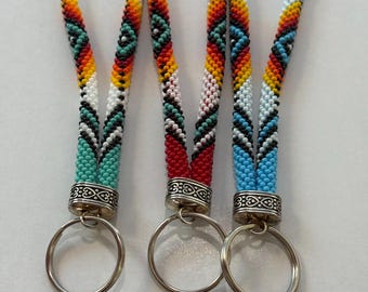 Turquoise bead keychain wristlet, Native American style, Wrist lanyard for keys, Wristlet strap, Beadwork lanyard