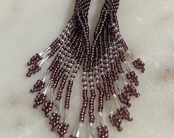 silver long seed bead earrings