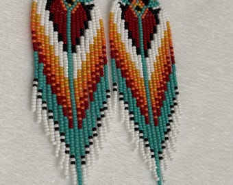 Handmade Beaded Fringe Earrings, Boho Native Inspired Statement Earrings, Colorful Seed Bead Dangle Earrings, Western Festival Jewelry Gift
