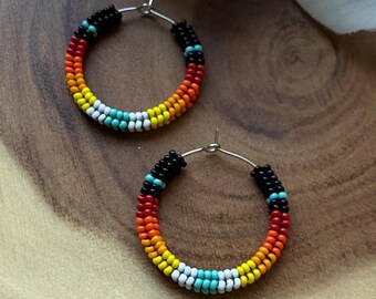 Colorful Seed Bead Hoop Earrings, Handmade Beaded Hoop Earrings, Boho Statement Earrings, Rainbow Bead Jewelry, Native Inspired Style