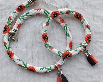 White&Red Set,Beaded  Set Beaded  Necklace Bracelet Croshet Jewelry