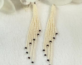 Extra long beaded earrings Fringe ivory Earrings Tassel Earrings