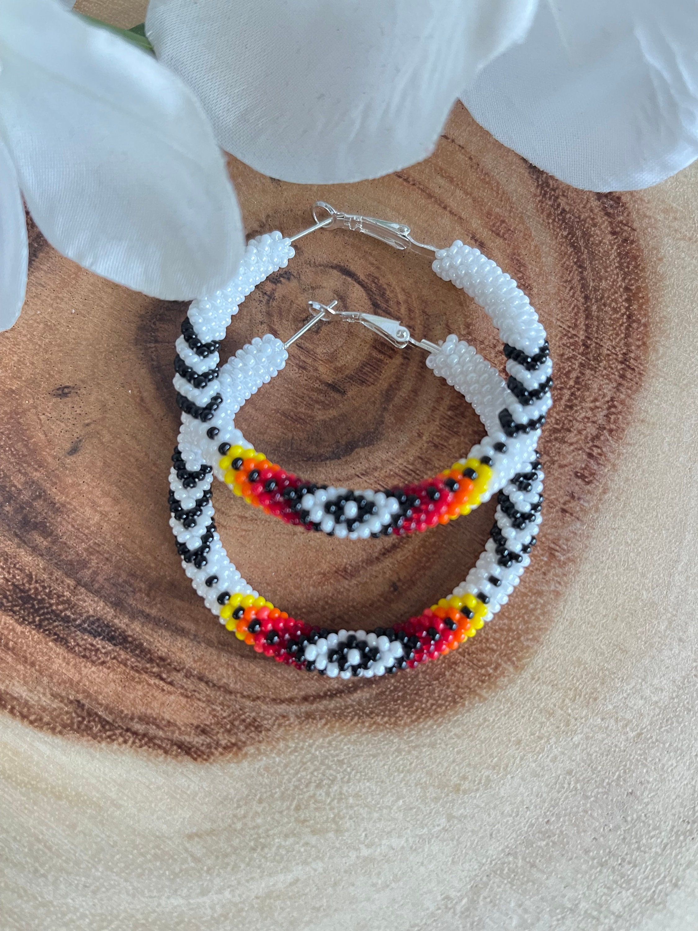 thumbnail image 2 of BEADS CORNER Native Style Ethnic Handcrafted White Hook Drop Earrings - Glass Beads On Brass 2 of 4