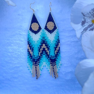 Moon Turquoise beaded earrings gold long earrings fringe earrings Dangle Earrings Seaded Beaded Earrings...