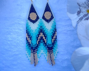 Moon Turquoise beaded earrings gold long earrings fringe earrings Dangle Earrings Seaded Beaded Earrings...
