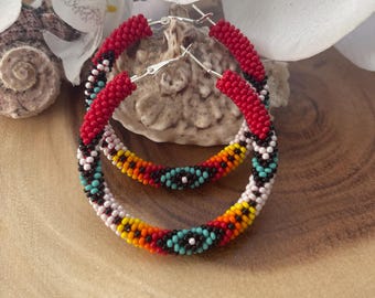 Red Beaded Crochet Hoop Earrings, Ethnic Style