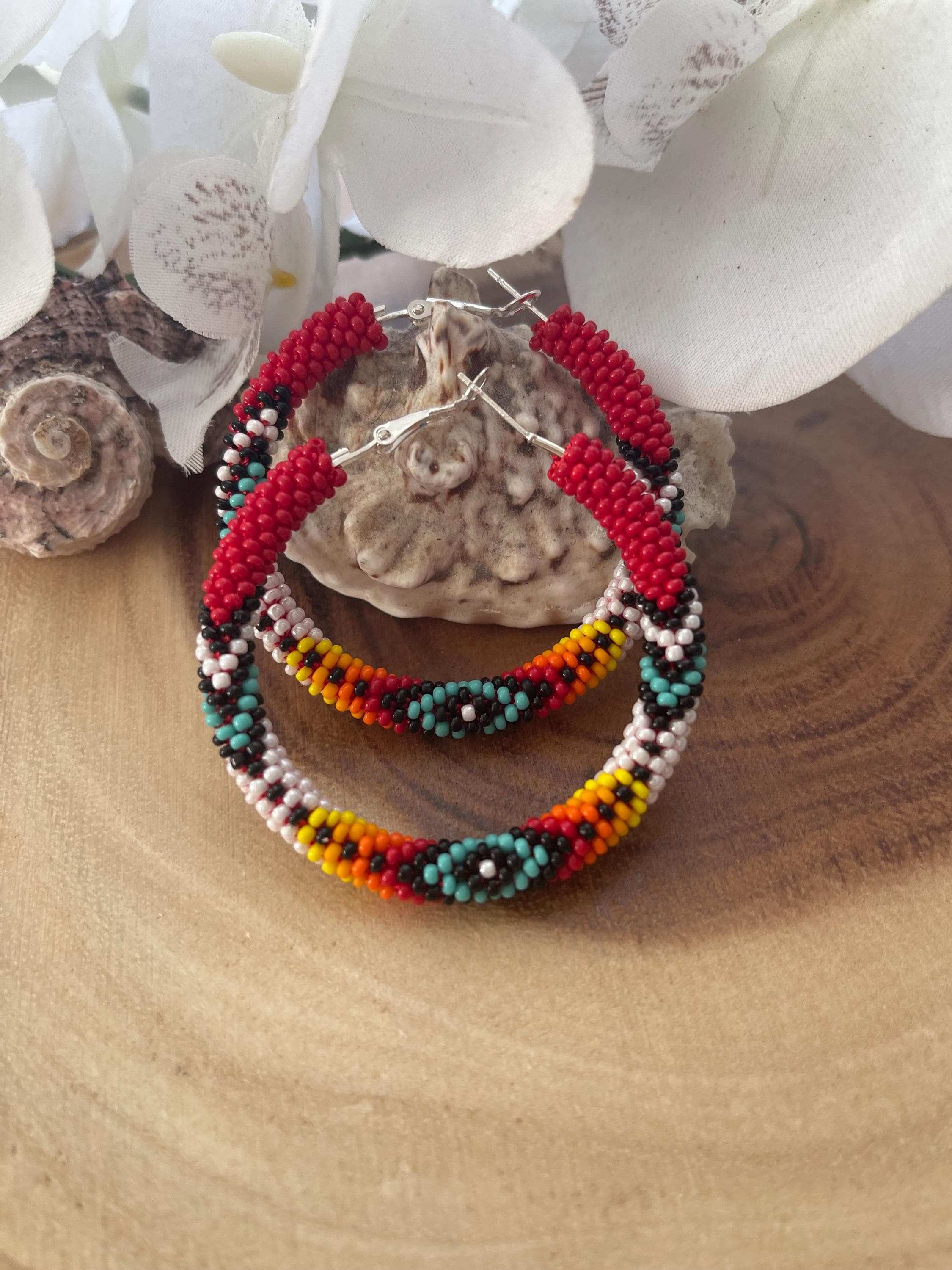 Native American Hand Beaded Hoop Earring -Navajo (35bc118