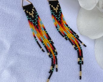 Boho Beaded Fringe Earrings, Native Inspired Seed Bead Earrings, Long Tassel Earrings, Colorful Statement Earrings, Handmade Gift for Her