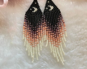 Moon Black fringe seed beaded earrings Dangle beadwork earrings long embre earrings boho jewelry
