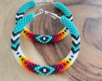 Turquoise Native Style Earrings,Ethnic Style Earrings,Hoop Earrings,Beaded Crochet Hoops Earrings