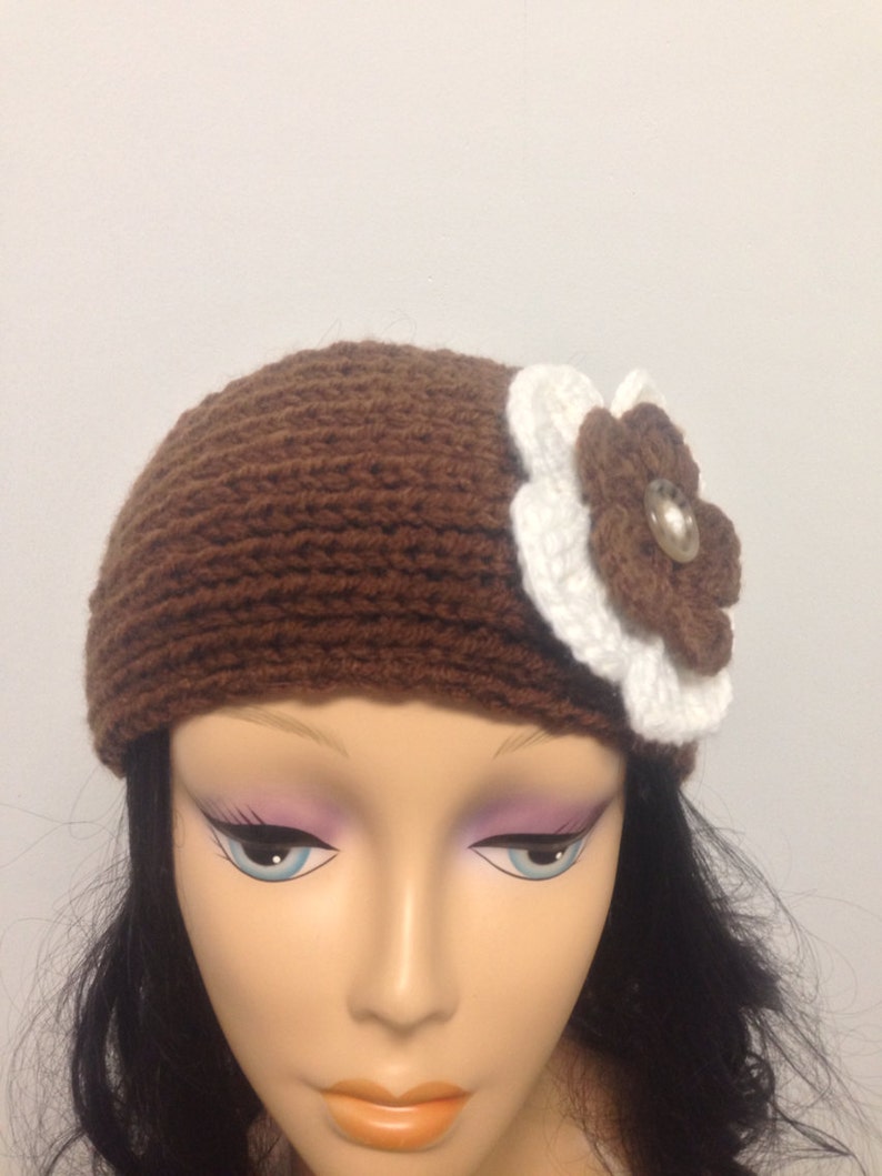 Headbandbrown Headband With Flowersknit Ear Warmer Crochet Etsy