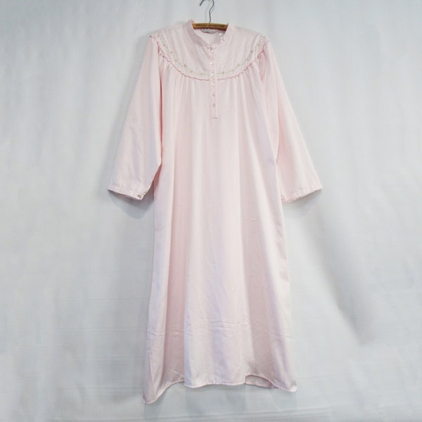 Old Fashioned Pink Satin Nightgown 2X - Fleece Lined Pink Nightgown w/ Embroidery