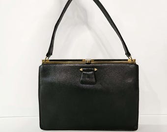 Fassbender 1950s Leather Handbag – Made in England, Tan Suede Interior, Expandable Deco Style Purse