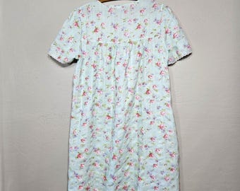 Floral Seersucker Nightgown Small - Old Fashioned Cotton Blend Button Front w/ Pocket and Eyelet Lace!