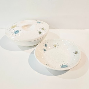 Franciscan Atomic Starburst Covered Serving Bowl and Bowl - MCM Atomic - Eames Era Pottery USA - 2 pieces included + lid