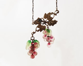 Art Nouveau Glass Grapes - Pididdly Links NY - Intricate Brass Grapevine w/ Delicate Chain