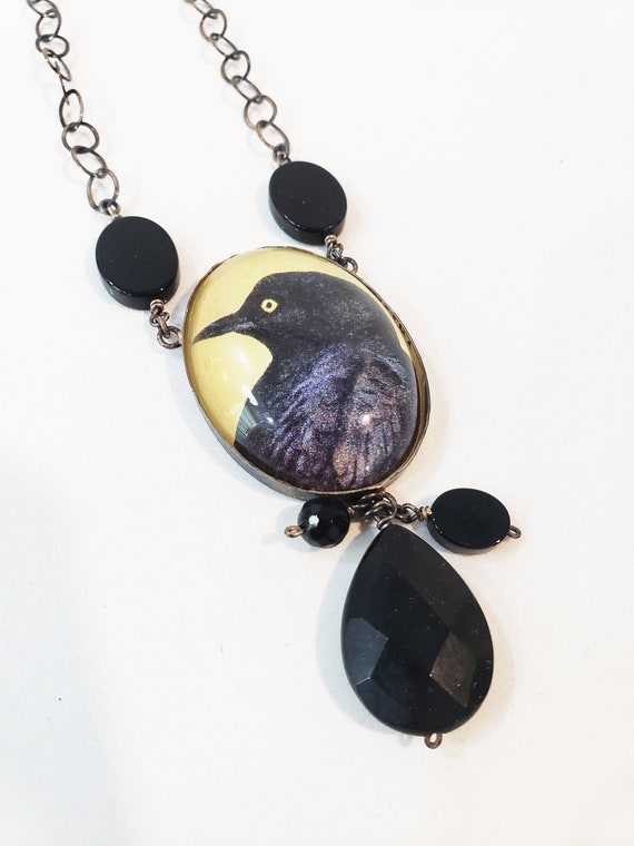 Raven Medallion Necklace - Resin Raven Pendant Sil