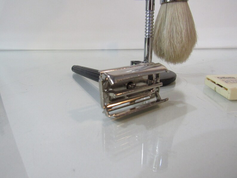 Chrome Safety Razor Stand W/ Gillette Razor and Shaving Brush Etsy