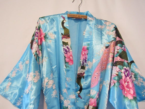 Blue Kimono Robe Peacock - Asian Robe Floral Larg… - image 2