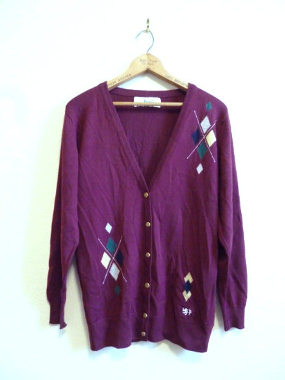 Pringle Argyle Burgundy Cardigan - Medium - Scott