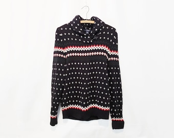 RL Chaps Pattern Sweater Large -  Black Red Green Cotton Sweater - Ralph Lauren