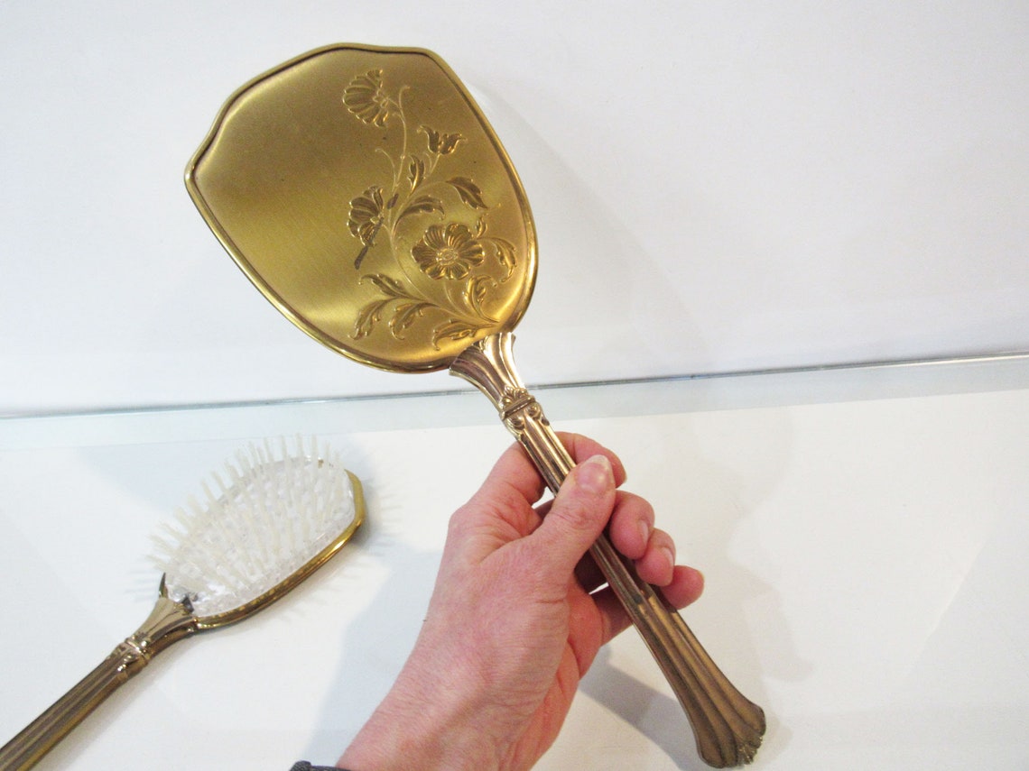 Gold Metal Vanity Set 1940s Art Nouveau Dresser Set W/ Brush Etsy