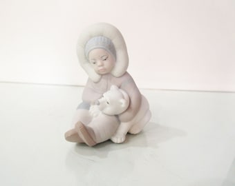 Lladro Eskimo Child Playing With Polar Bear Cub - Lladro Figurine 1195 in Bisque Matte Porcelain