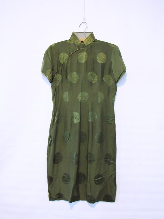 Green Silk Cheongsam Dress Medium - Mid Century Gr