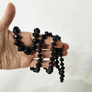 Victorian Carved Whitby Jet Mourning Necklace – 33&quot; Hand-Faceted Beads with Silver Clasp