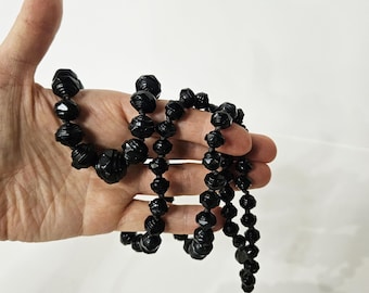 Victorian Carved Whitby Jet Mourning Necklace – 33&quot; Hand-Faceted Beads with Silver Clasp