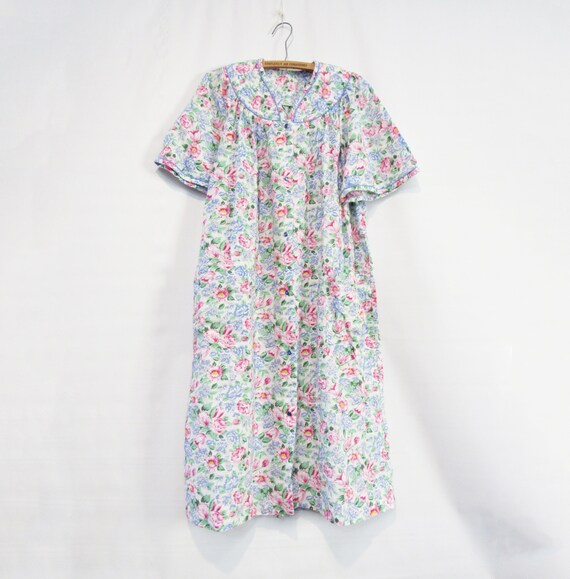 Blue Floral Cotton Housecoat Large XL - Pique Hous