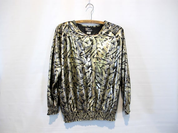 Gold Silver Metallic Blouse - Medium- Flowy Hip Hu