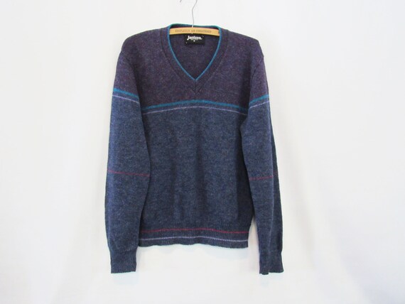 Blue Wool Sweater Medium Jantzen - Purple Striped… - image 1
