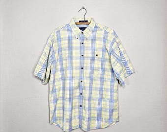ENRO Seersucker Shirt Large - Blue Yellow Plaid Short Sleeve - Cotton Button Down Summer Lightweight Preppy Casual